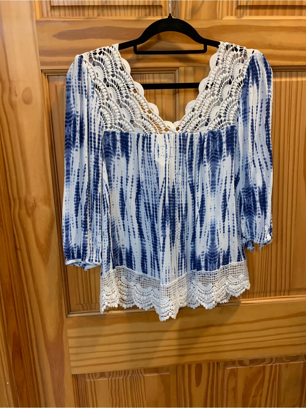 Self Esteem Blue and White Tie-Dye Lace Trim Blouse